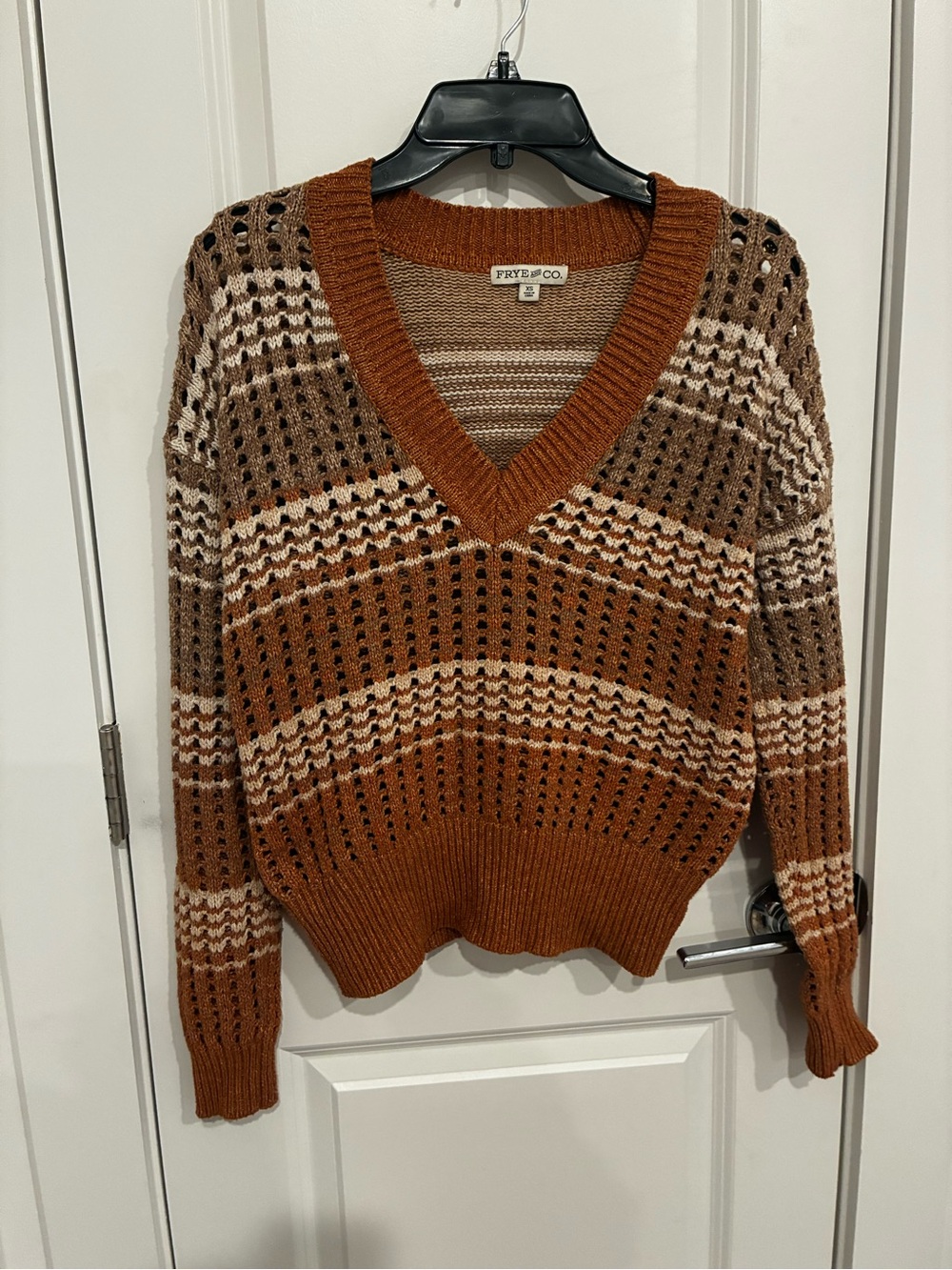 FRYE AND CO. Rust, Cream & Brown Striped V-Neck Sweater